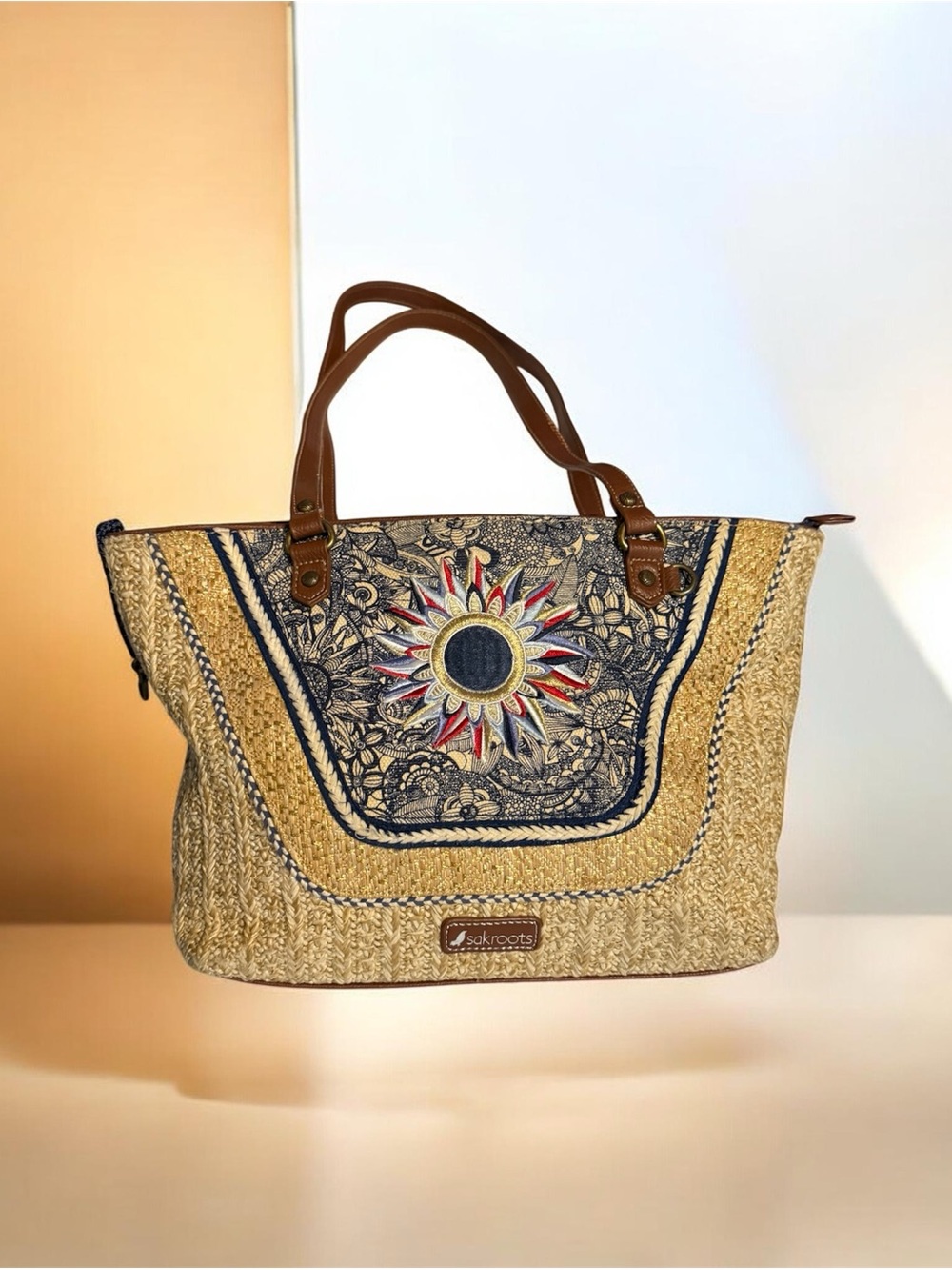 Sakroots Straw Tote Bag Sunflower Embroidered Boho Coastal Purse - Picture 2 of 13